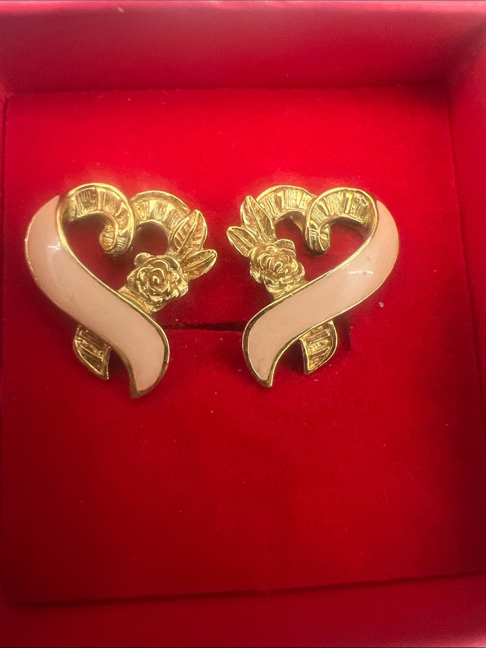 Avon Gold-Tone Pink Enamel Heart Clip-On Earrings